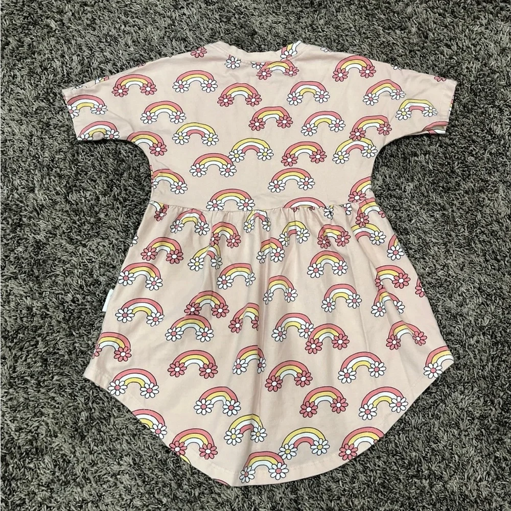 HUX BABY Daisy Rainbow Swirl Dress Shirt Sleeve Organic Cotton Pink Girls Size 4